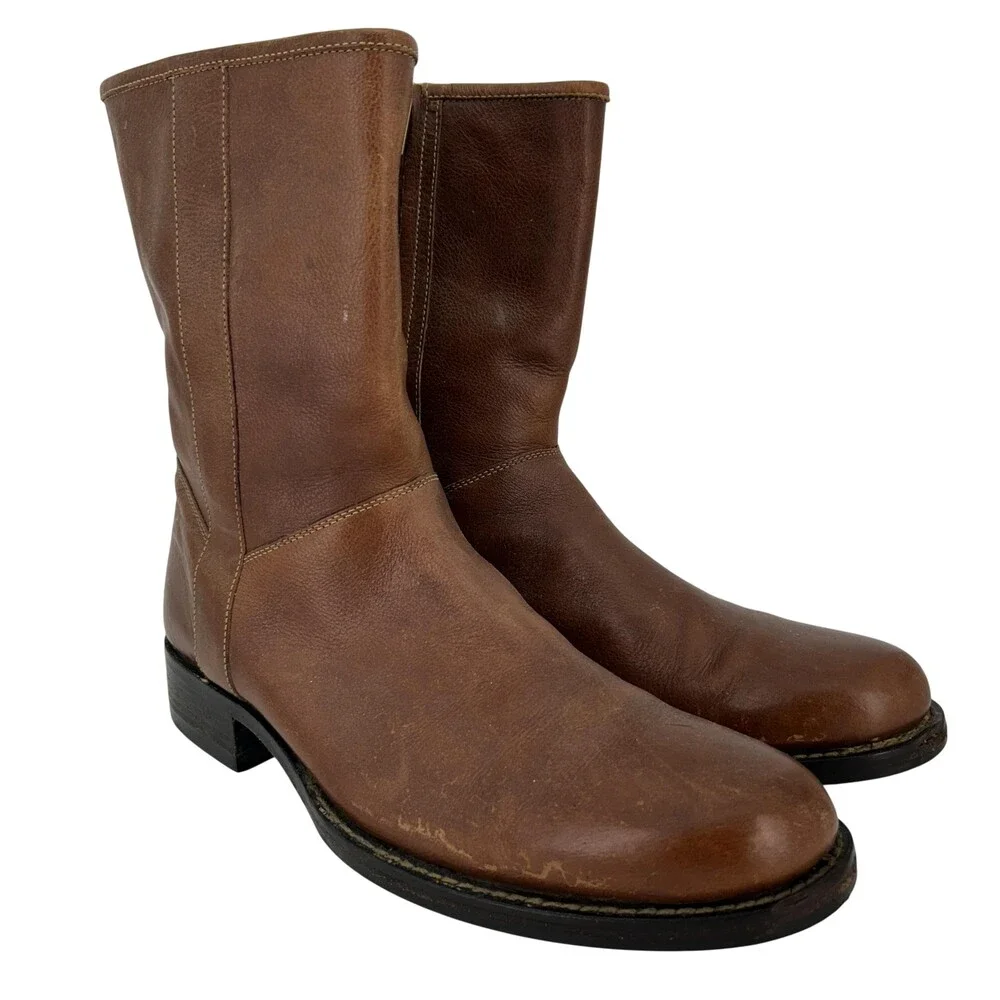 Cole Haan Boots Mens Size 10 M Brown Leather Mid Calf Zip Biker Lined Grip Sole